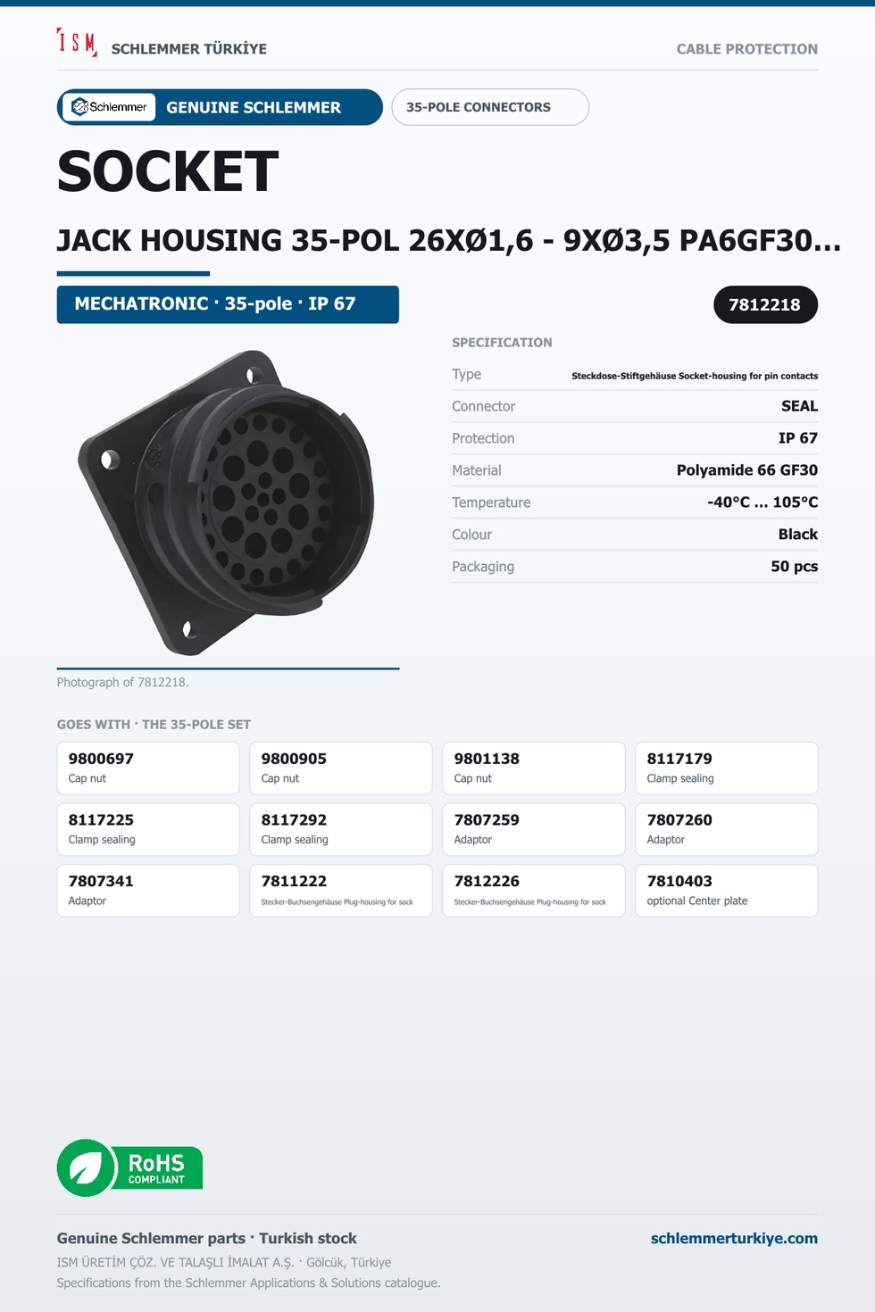 SOCKET JACK HOUSING 35-POL 26XØ1,6 - 9XØ3,5 PA6GF30/SI BLACK