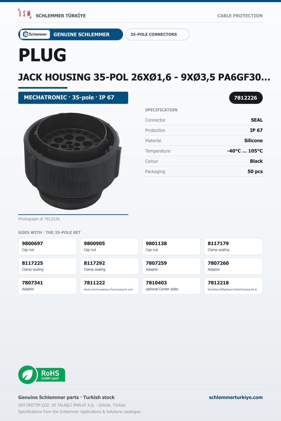 PLUG JACK HOUSING 35-POL 26XØ1,6 - 9XØ3,5 PA6GF30/SI BLACK
