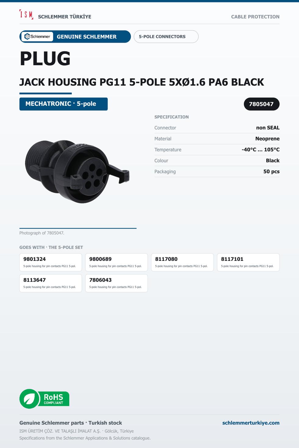 PLUG JACK HOUSING PG11 5-POLE 5XØ1.6 PA6 BLACK