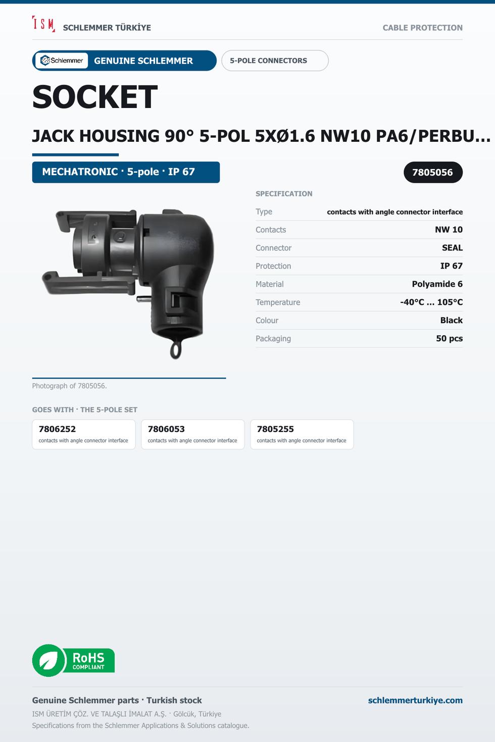 SOCKET JACK HOUSING 90° 5-POL 5XØ1.6 NW10 PA6/PERBUNAN BLACK