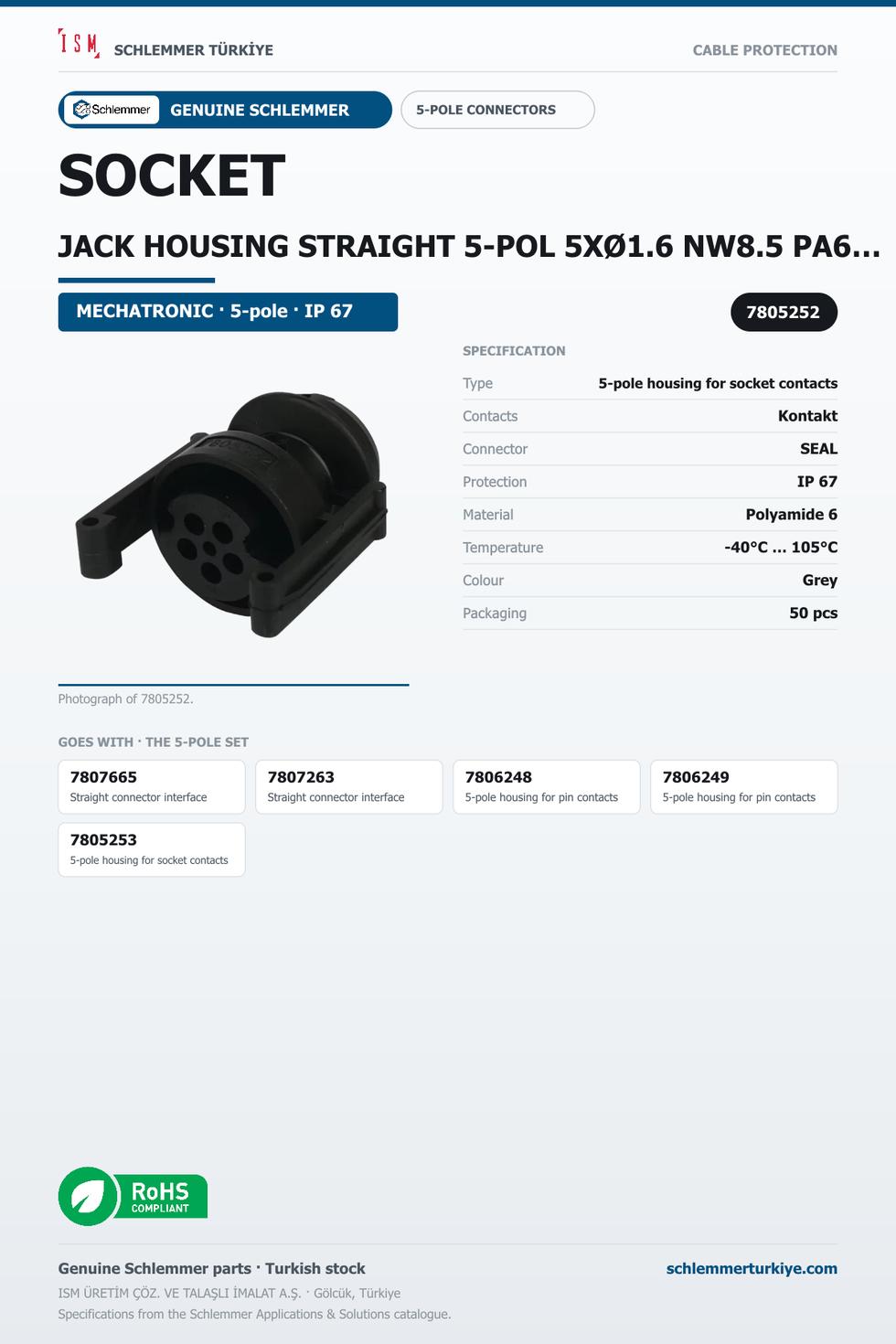 SOCKET JACK HOUSING STRAIGHT 5-POL 5XØ1.6 NW8.5 PA6 BLACK