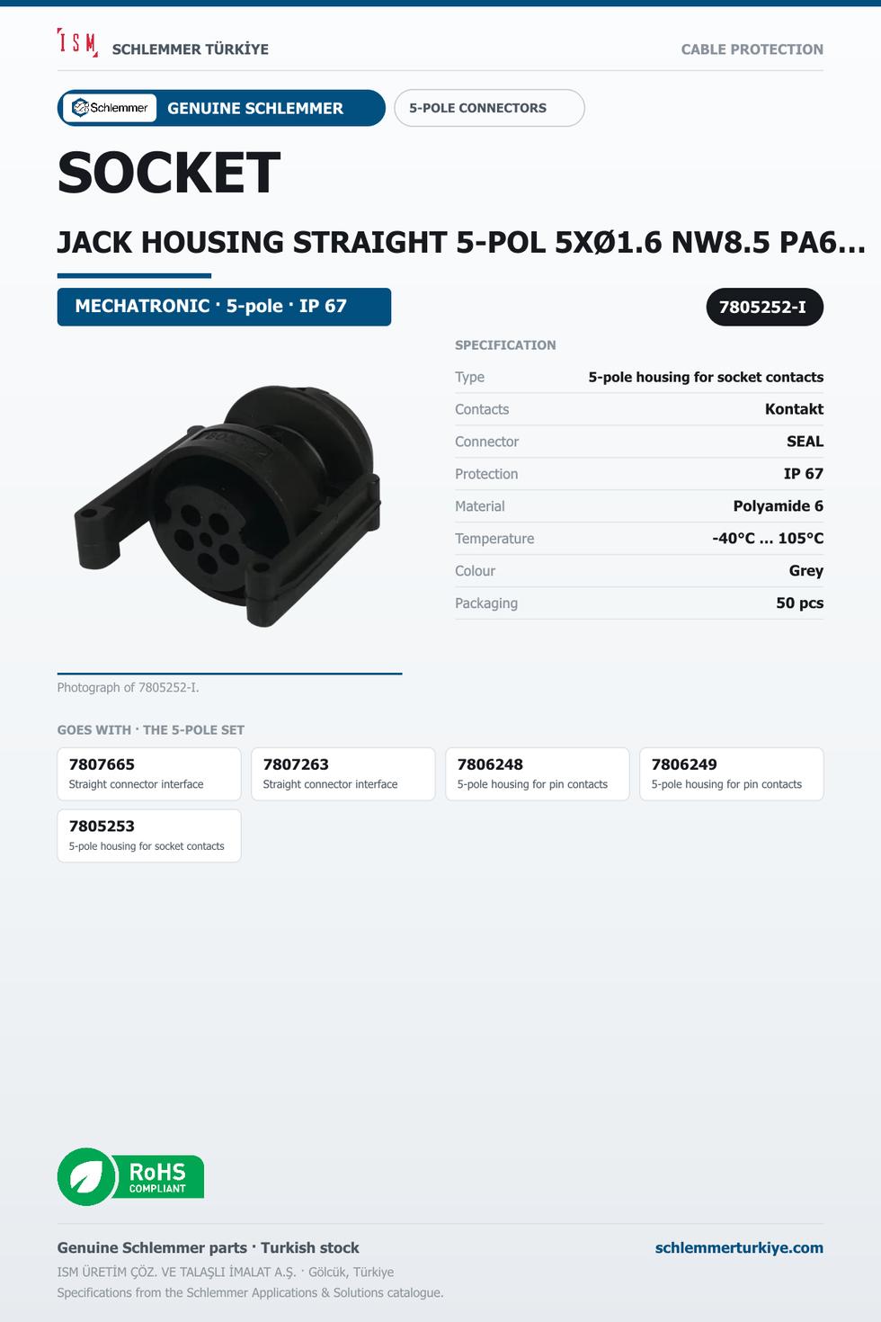7805252 SOCKET JACK HOUSING STRAIGHT 5-POL 5XØ1.6 NW8.5 PA6 BLACK