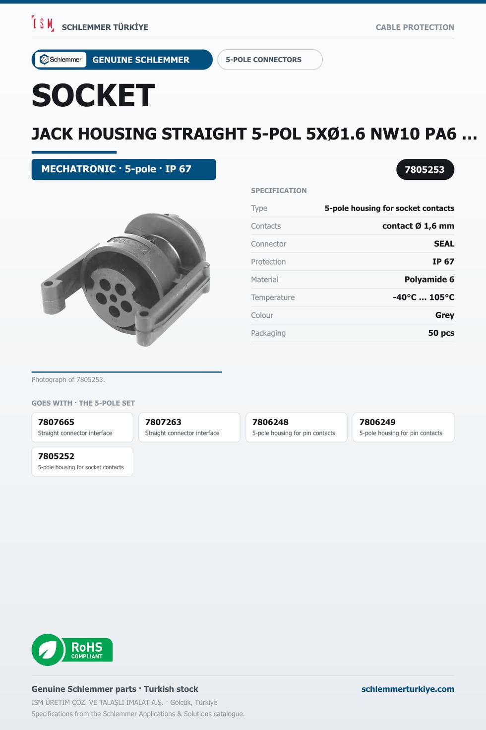 SOCKET JACK HOUSING STRAIGHT 5-POL 5XØ1.6 NW10 PA6 GREY