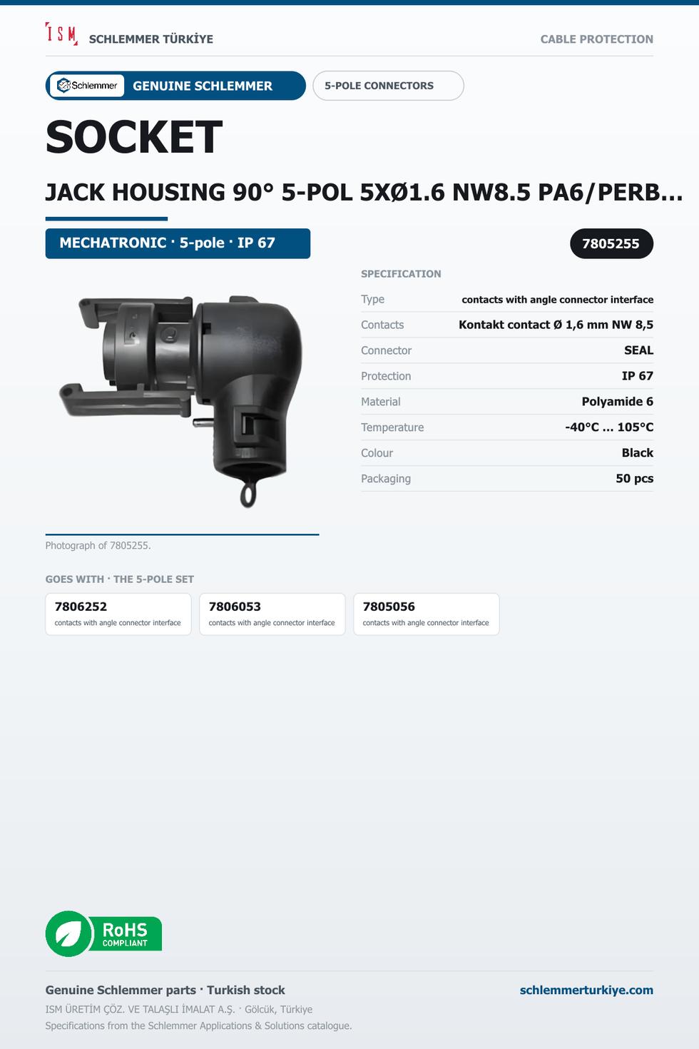 SOCKET JACK HOUSING 90° 5-POL 5XØ1.6 NW8.5 PA6/PERBUNAN BLACK