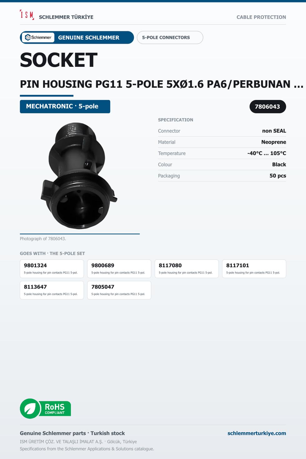 SOCKET PIN HOUSING PG11 5-POLE 5XØ1.6 PA6/PERBUNAN BLACK