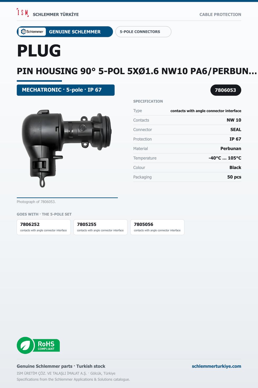 PLUG PIN HOUSING 90° 5-POL 5XØ1.6 NW10 PA6/PERBUNAN BLACK