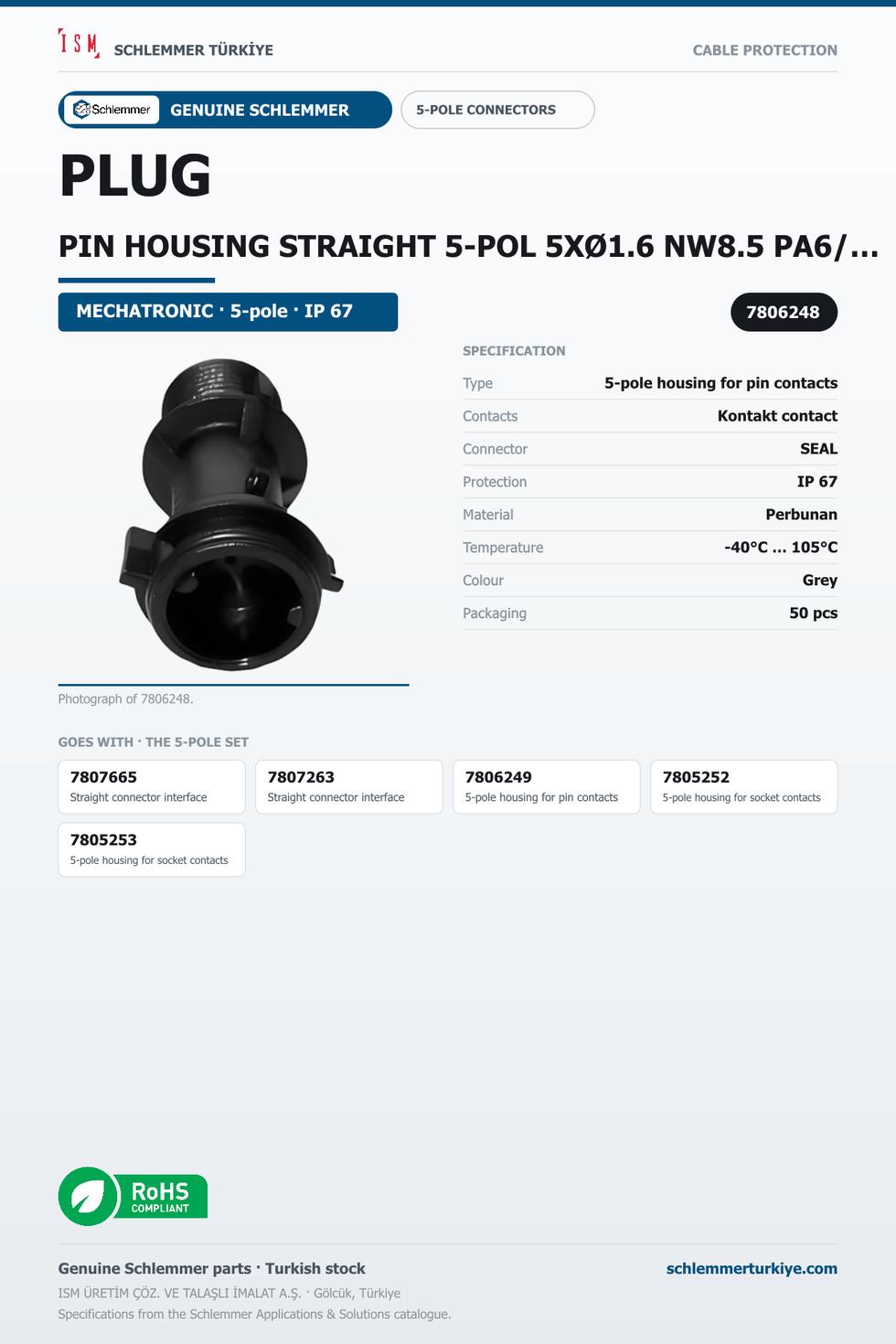 PLUG PIN HOUSING STRAIGHT 5-POL 5XØ1.6 NW8.5 PA6/PERBUNAN BLACK