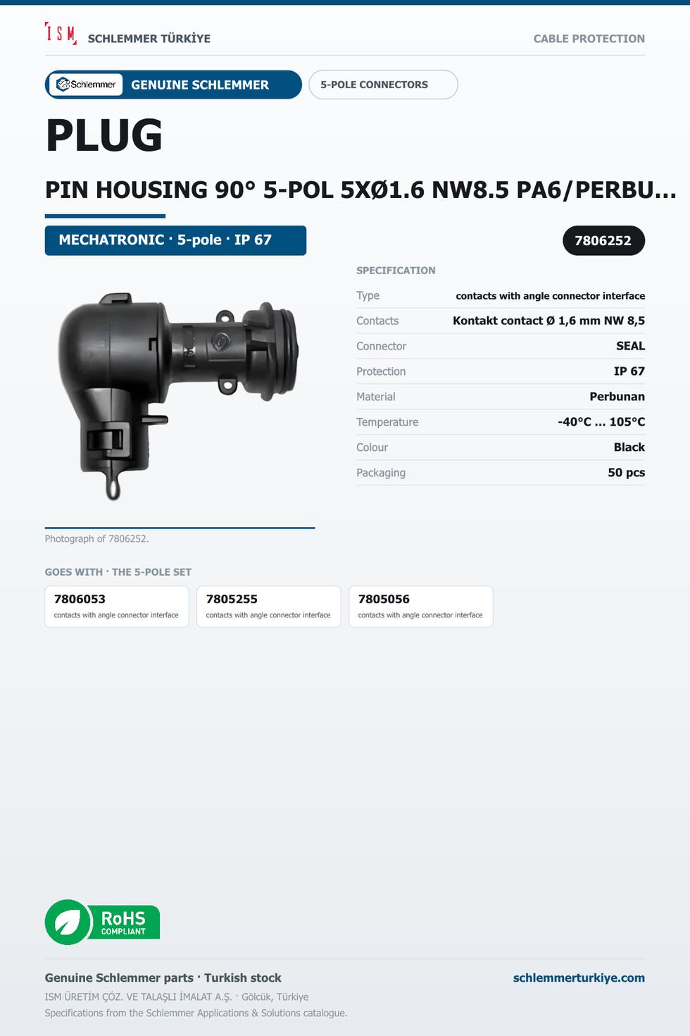 PLUG PIN HOUSING 90° 5-POL 5XØ1.6 NW8.5 PA6/PERBUNAN BLACK
