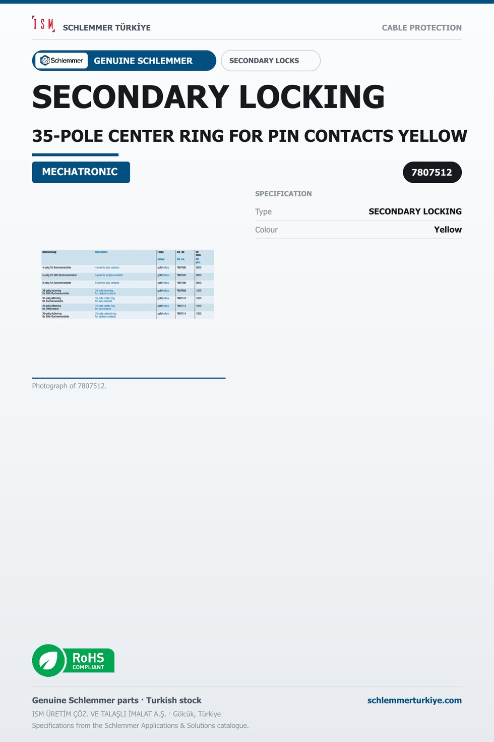 SECONDARY LOCKING 35-POLE CENTER RING FOR PIN CONTACTS YELLOW