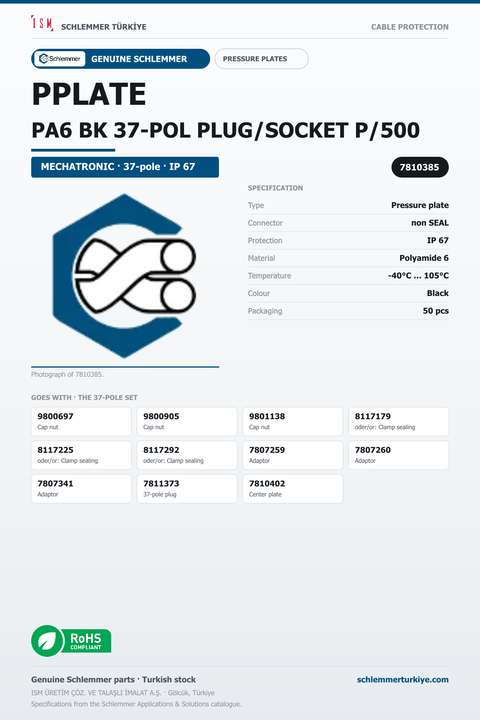 PPLATE PA6 BK 37-POL PLUG/SOCKET P/500