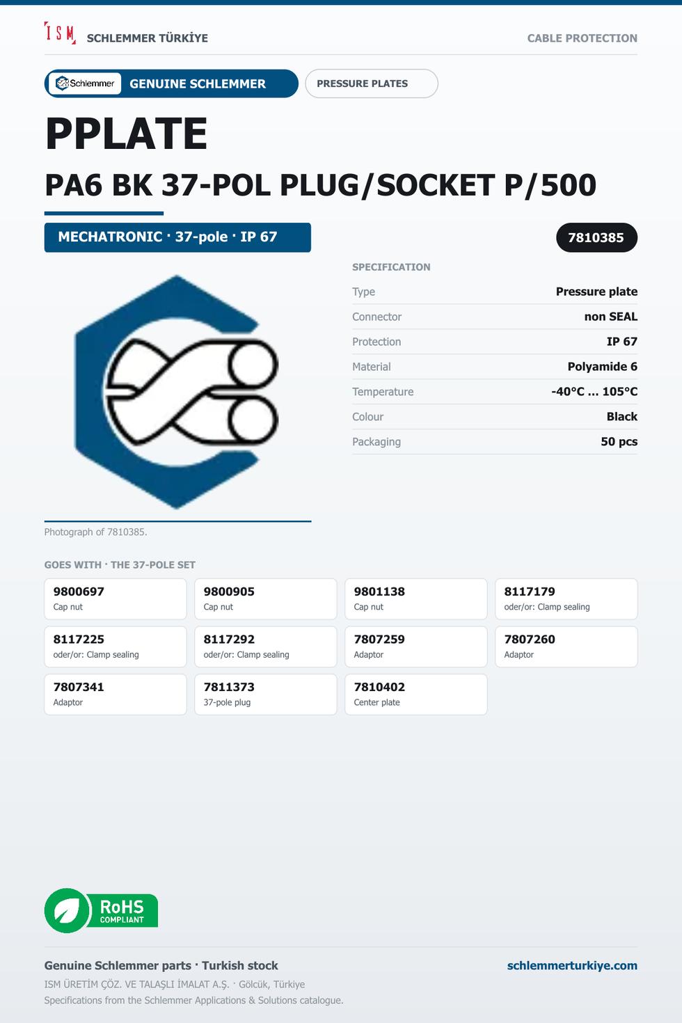 PPLATE PA6 BK 37-POL PLUG/SOCKET P/500