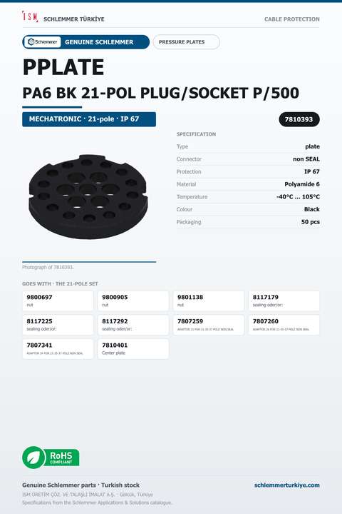 PPLATE PA6 BK 21-POL PLUG/SOCKET P/500