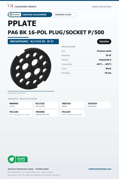 PPLATE PA6 BK 16-POL PLUG/SOCKET P/500