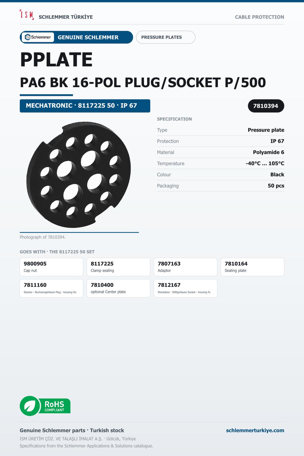 PPLATE PA6 BK 16-POL PLUG/SOCKET P/500