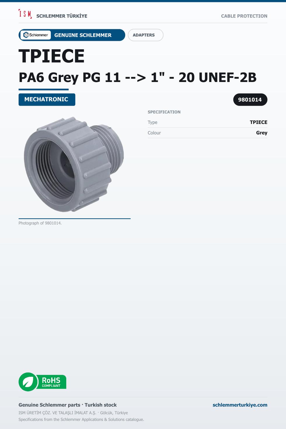 TPIECE PA6 Grey PG 11 --> 1" - 20 UNEF-2B