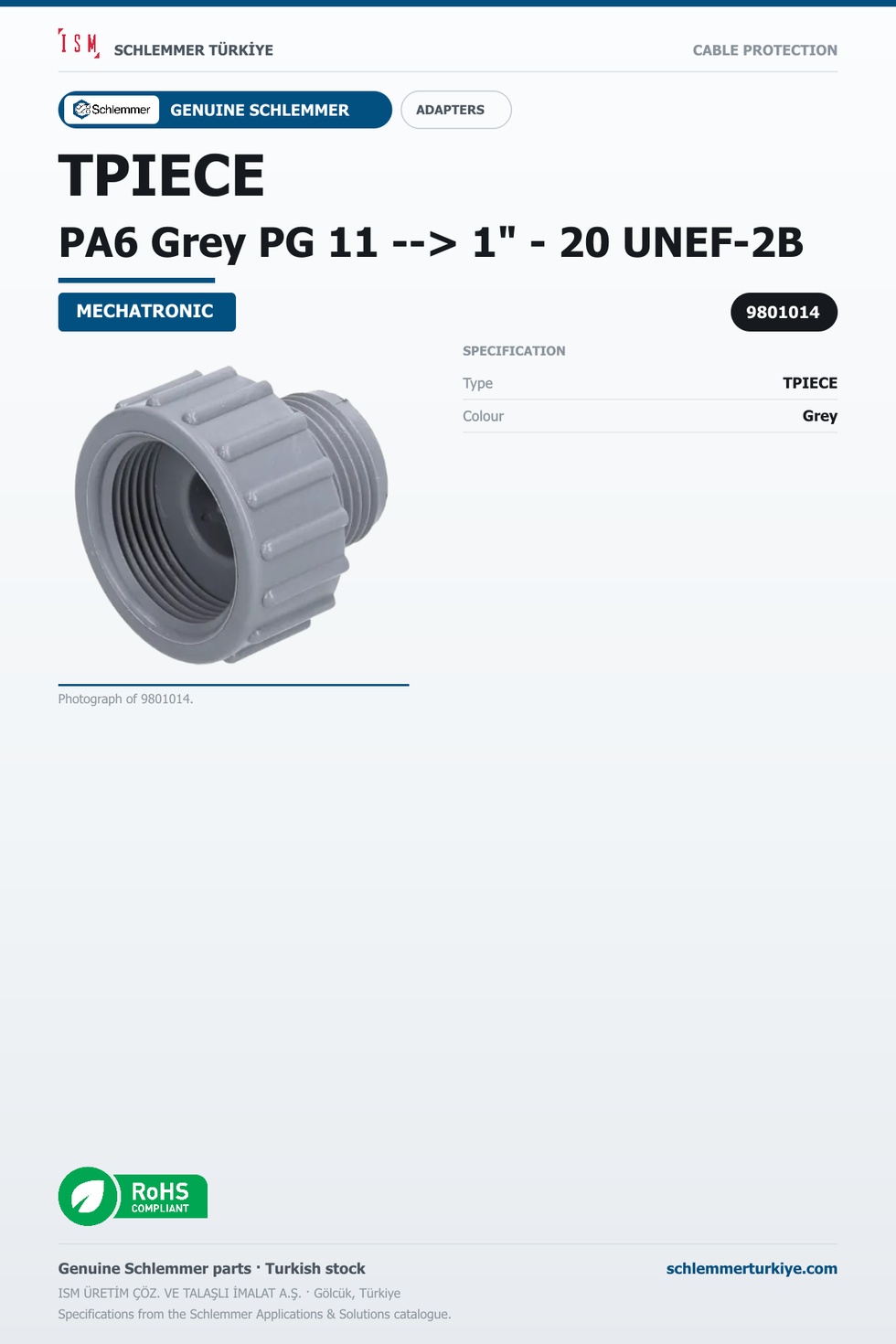 TPIECE PA6 Grey PG 11 --> 1" - 20 UNEF-2B