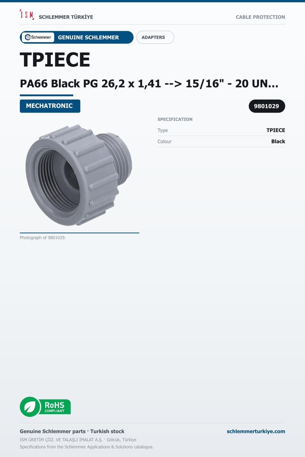 TPIECE PA66 Black PG 26,2 x 1,41 --> 15/16" - 20 UNEF-2B