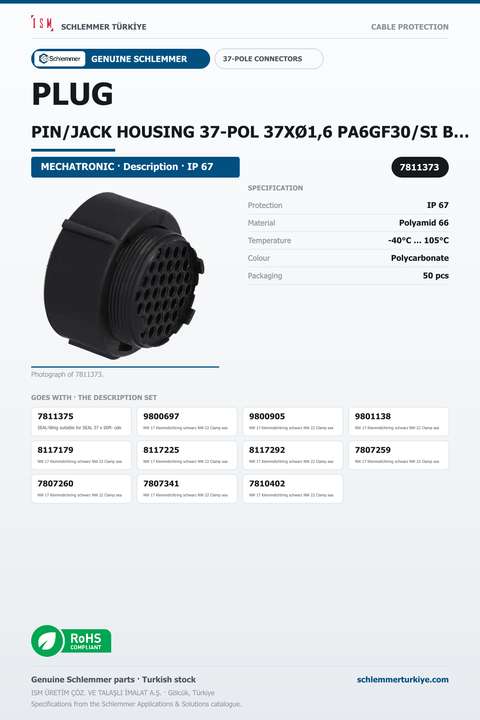 PLUG PIN/JACK HOUSING 37-POL 37XØ1,6 PA6GF30/SI BLACK