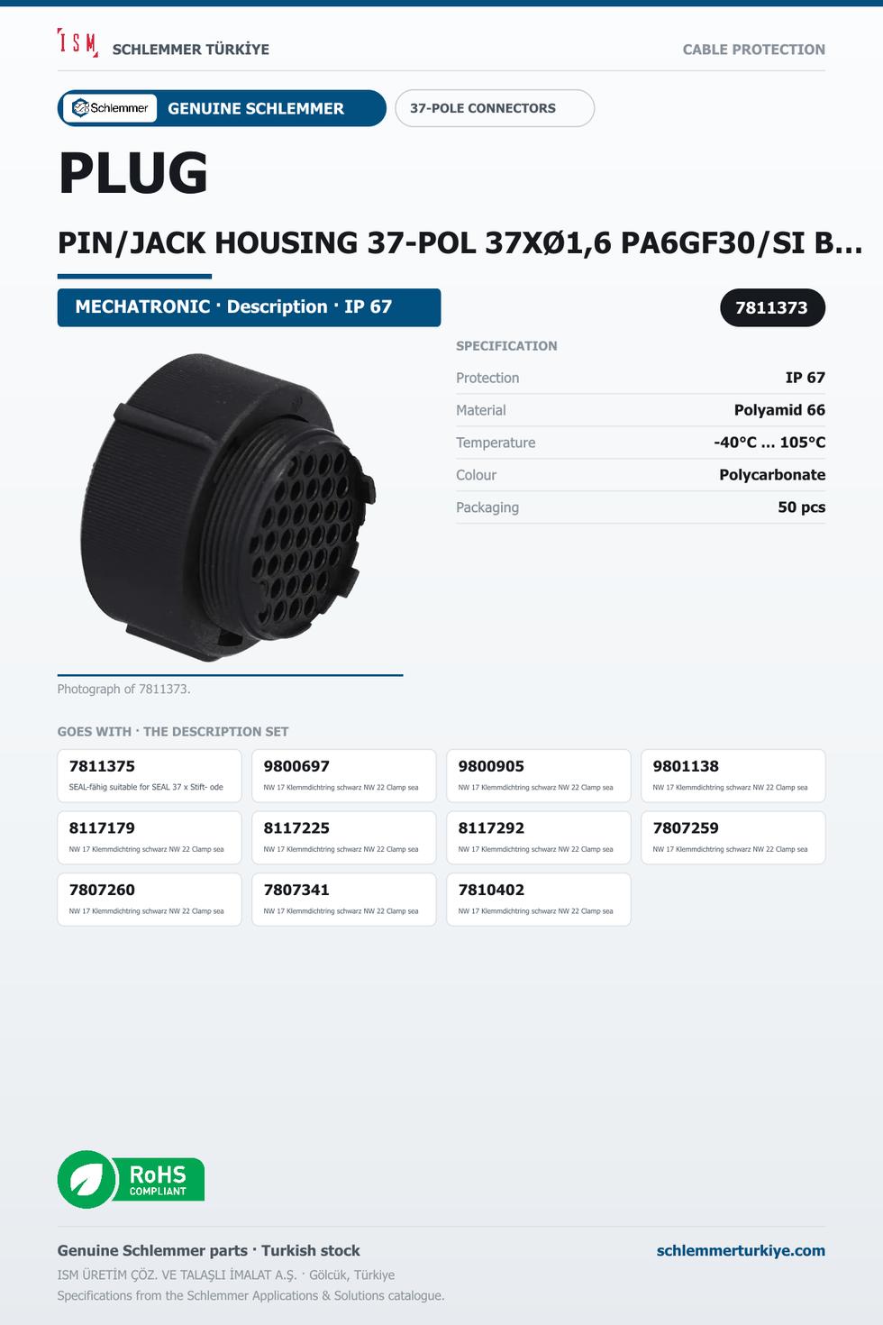 PLUG PIN/JACK HOUSING 37-POL 37XØ1,6 PA6GF30/SI BLACK