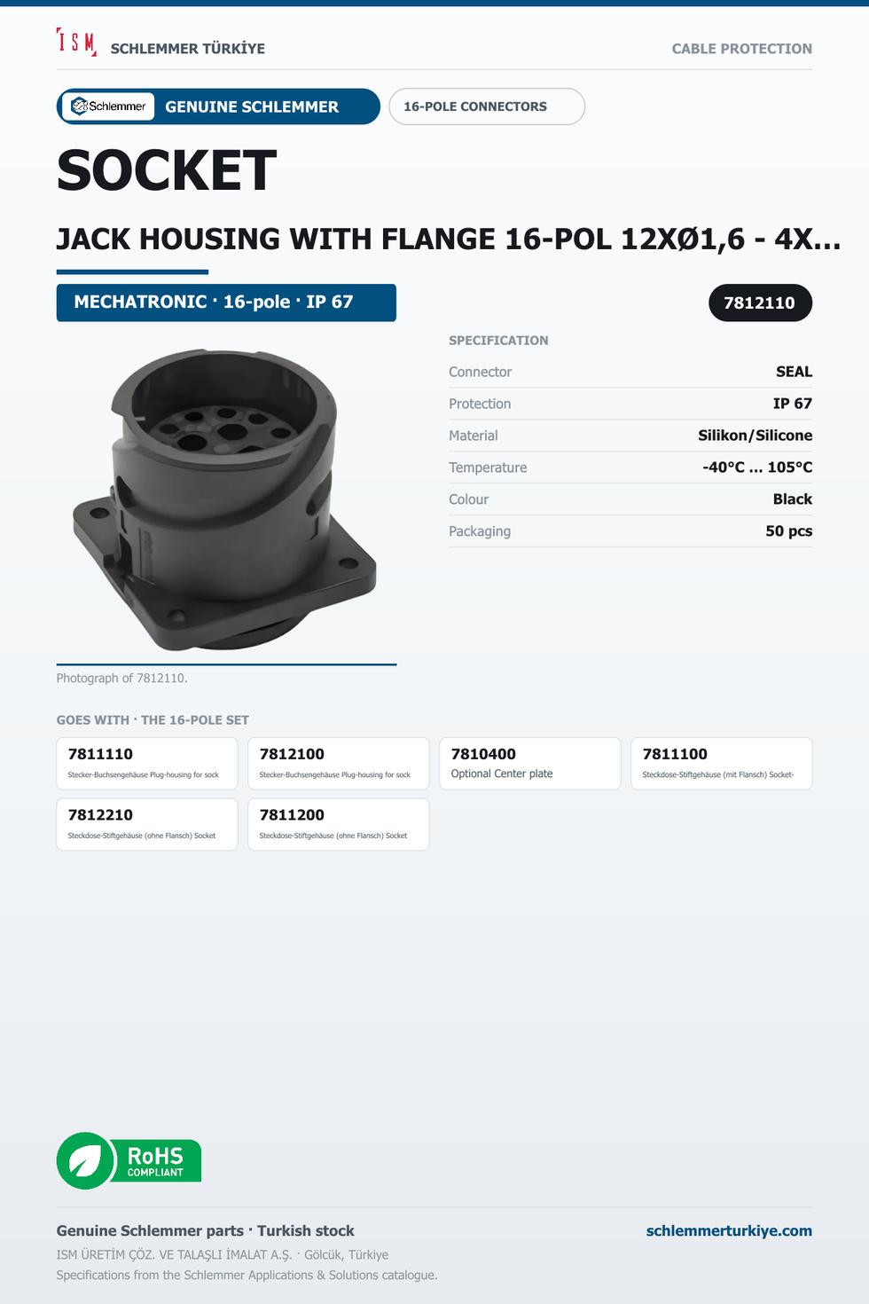 SOCKET JACK HOUSING WITH FLANGE 16-POL 12XØ1,6 - 4XØ3,5 PA6GF30/SI BLACK