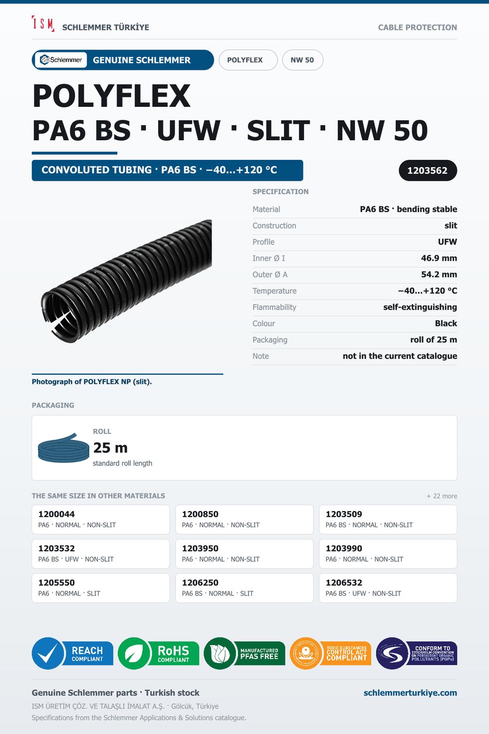 POLYFLEX NW50 UFW SLIT PA6 BS GREY RLX 25 Meters