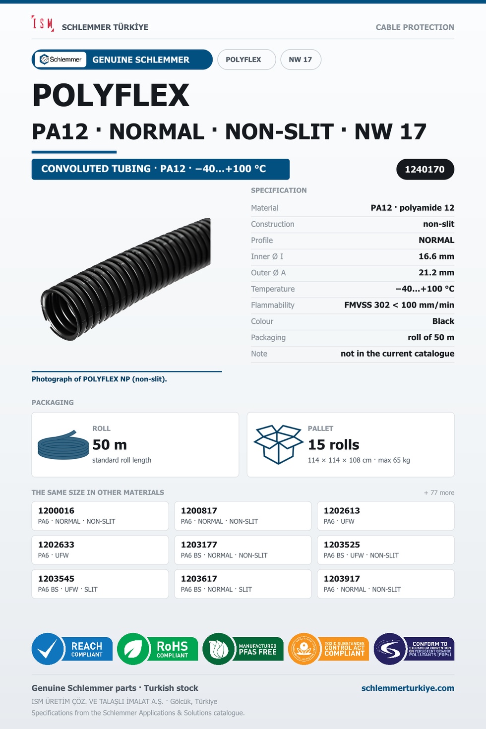 POLYFLEX NW17 NORMAL NONSLIT PA12 GREY RLX 50 Meters