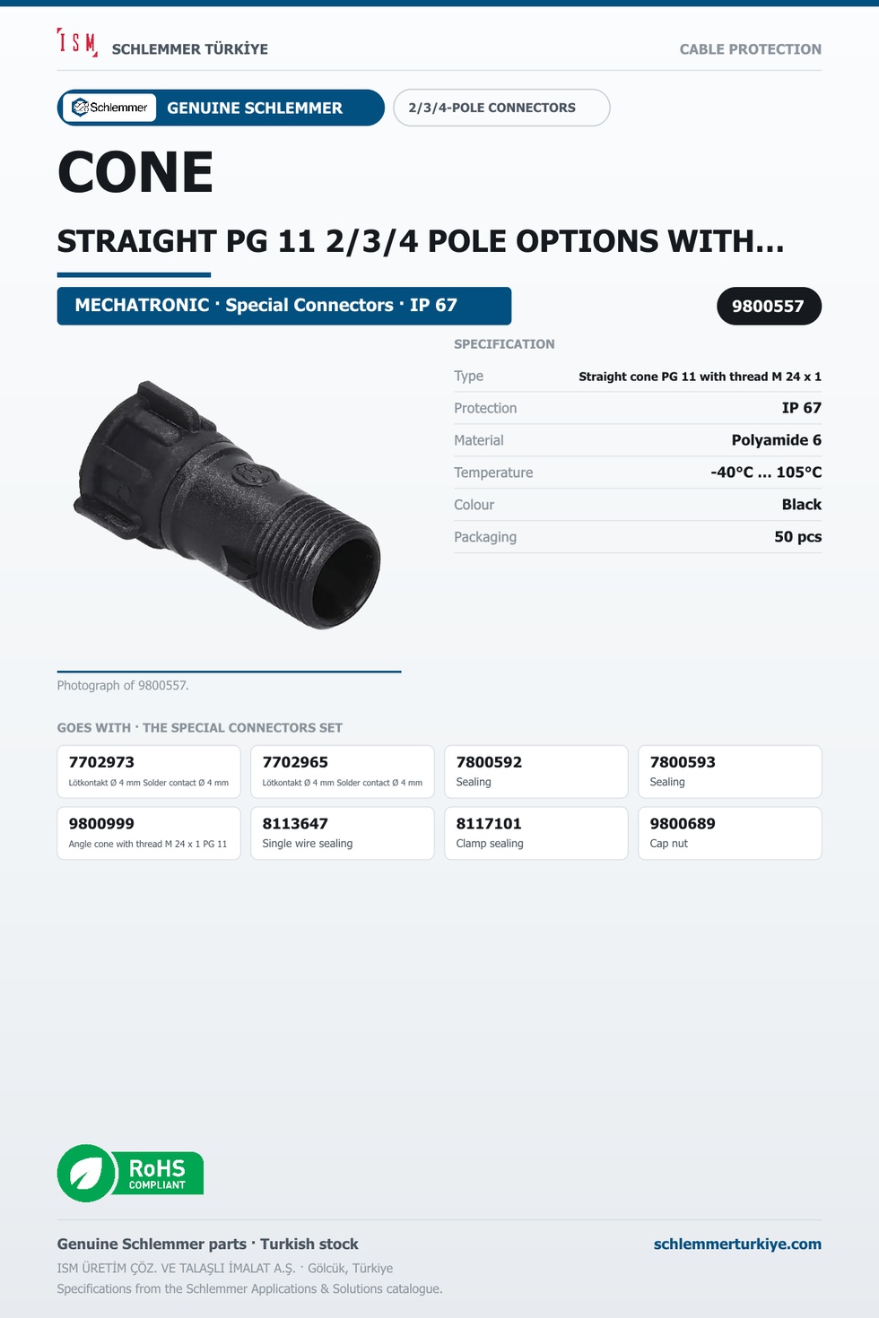 CONE STRAIGHT PG 11 2/3/4 POLE OPTIONS WITH THREAD M24x1 PA6 BLACK