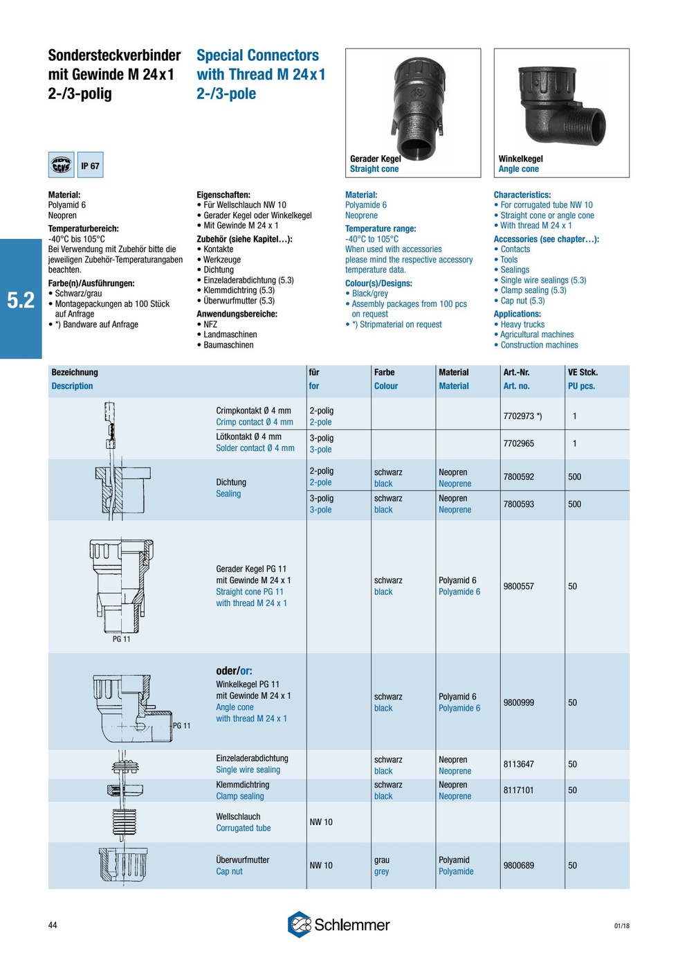CONE STRAIGHT PG 11 2/3/4 POLE OPTIONS WITH THREAD M24x1 PA6 BLACK