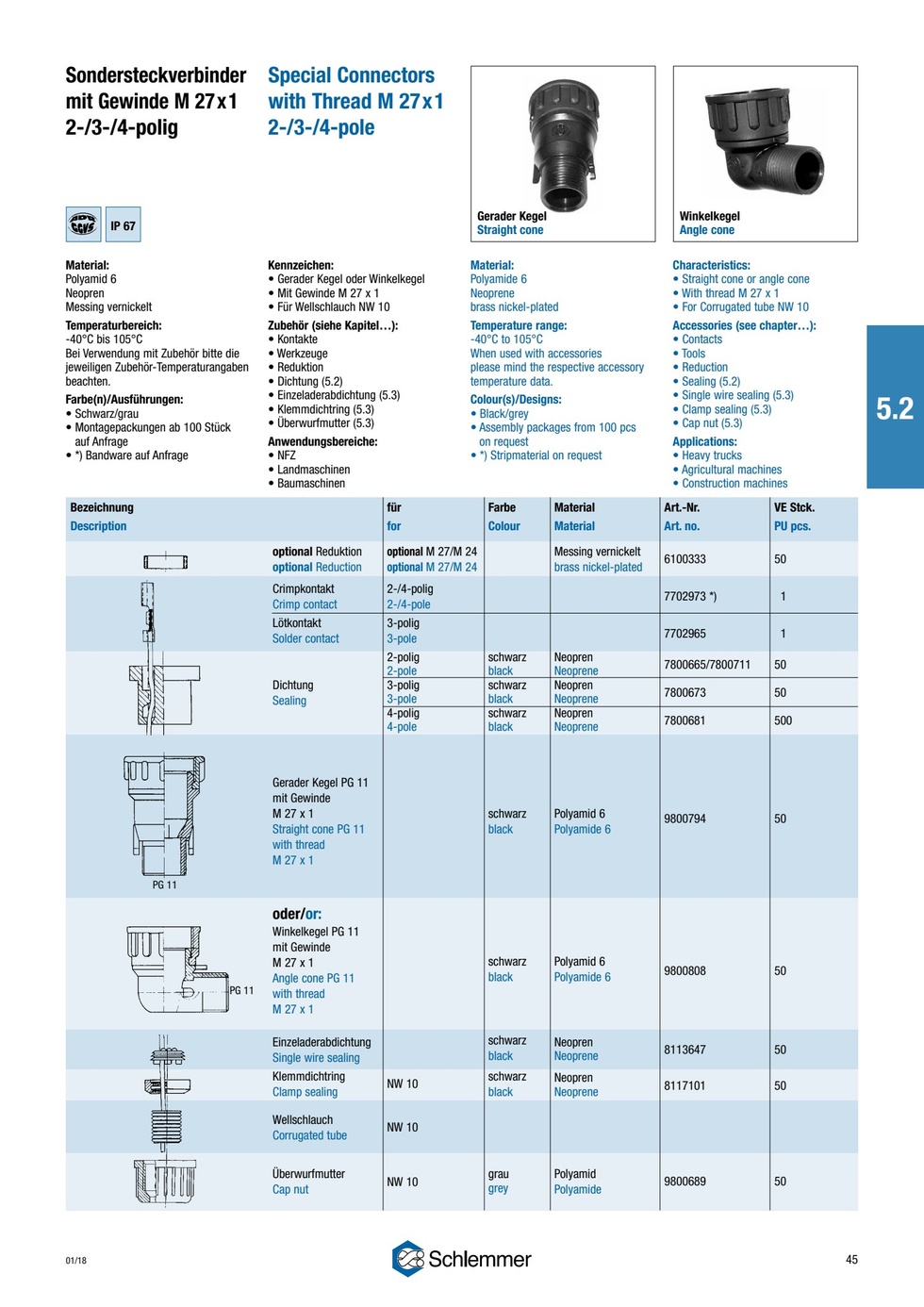 CONE STRAIGHT PG 11 2/3/4 POLE OPTIONS WITH THREAD M27x1 PA6 BLACK