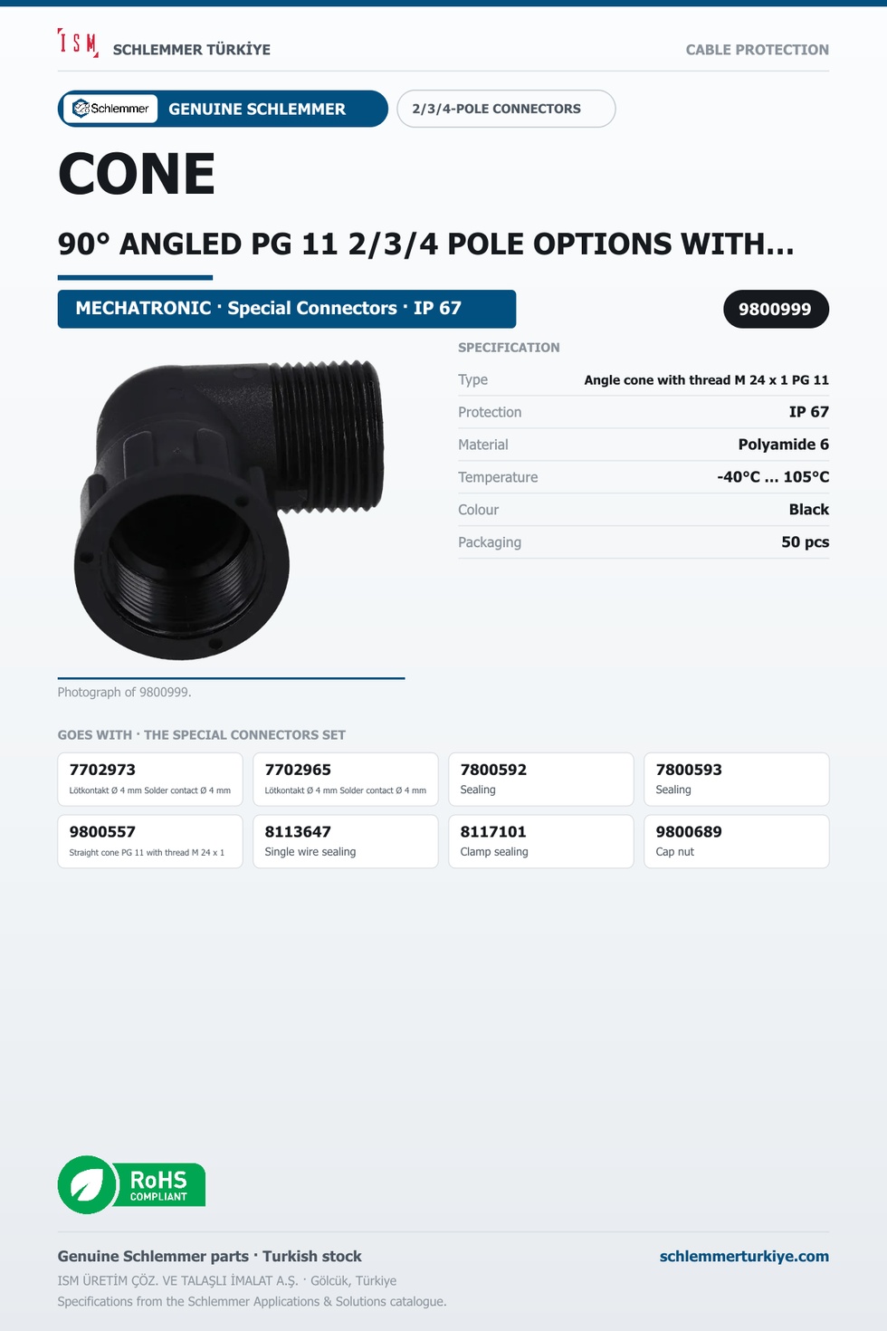 CONE 90° ANGLED PG 11 2/3/4 POLE OPTIONS WITH THREAD M24x1 PA6 BLACK