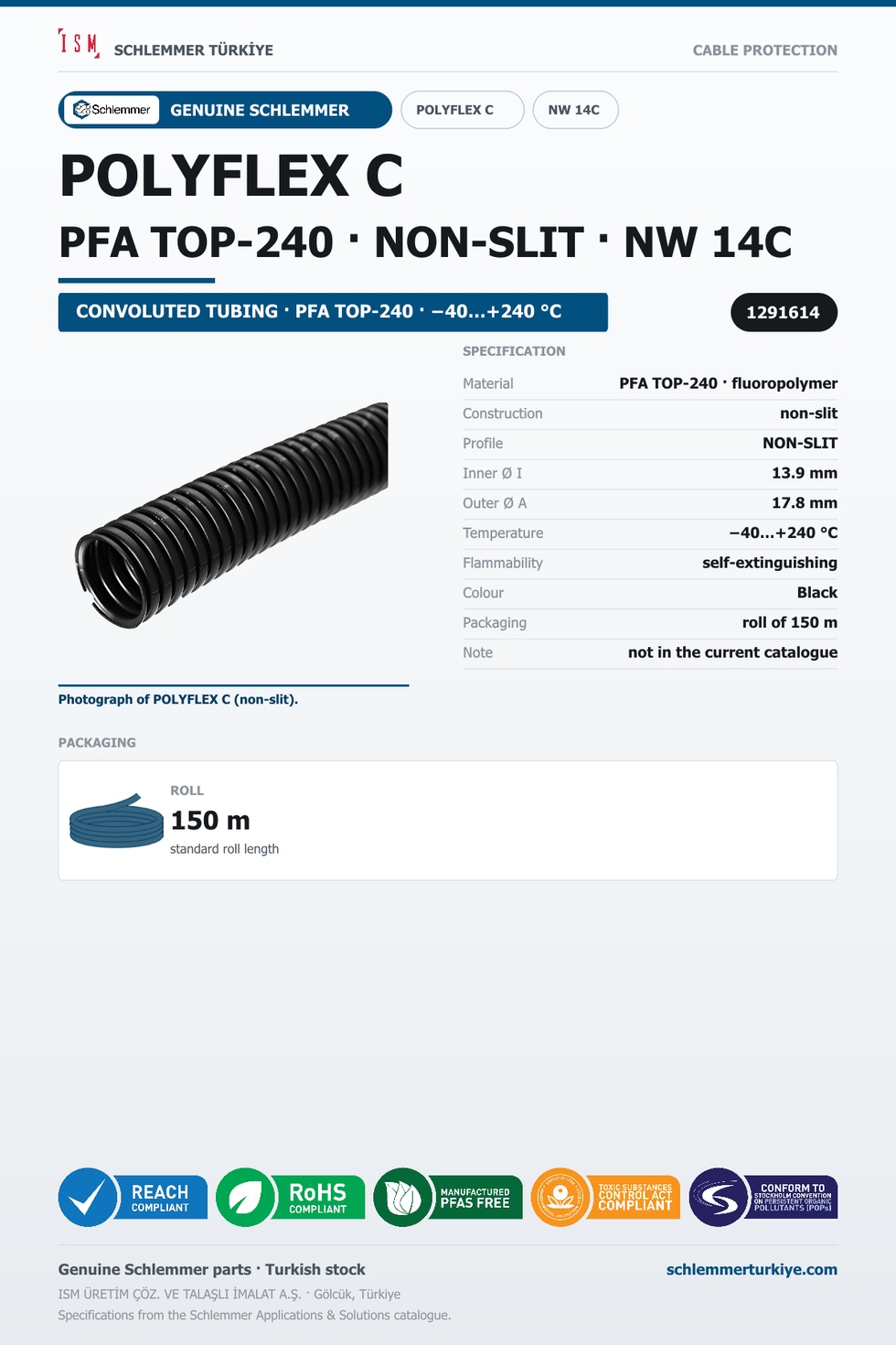 POLYFLEX C NW14C NONSLIT PFA TOP-240 RLX 150 Meters