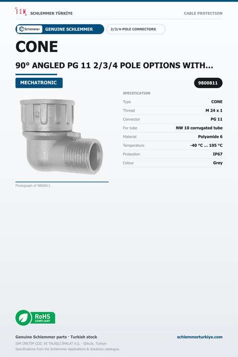CONE 90° ANGLED PG 11 2/3/4 POLE OPTIONS WITH THREAD M24x1 PA6 GREY