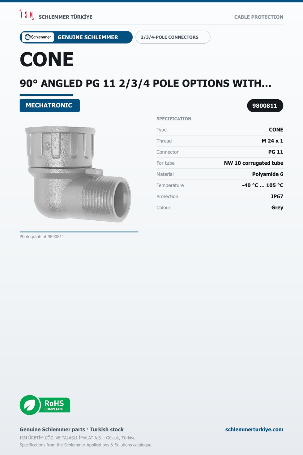 CONE 90° ANGLED PG 11 2/3/4 POLE OPTIONS WITH THREAD M24x1 PA6 GREY