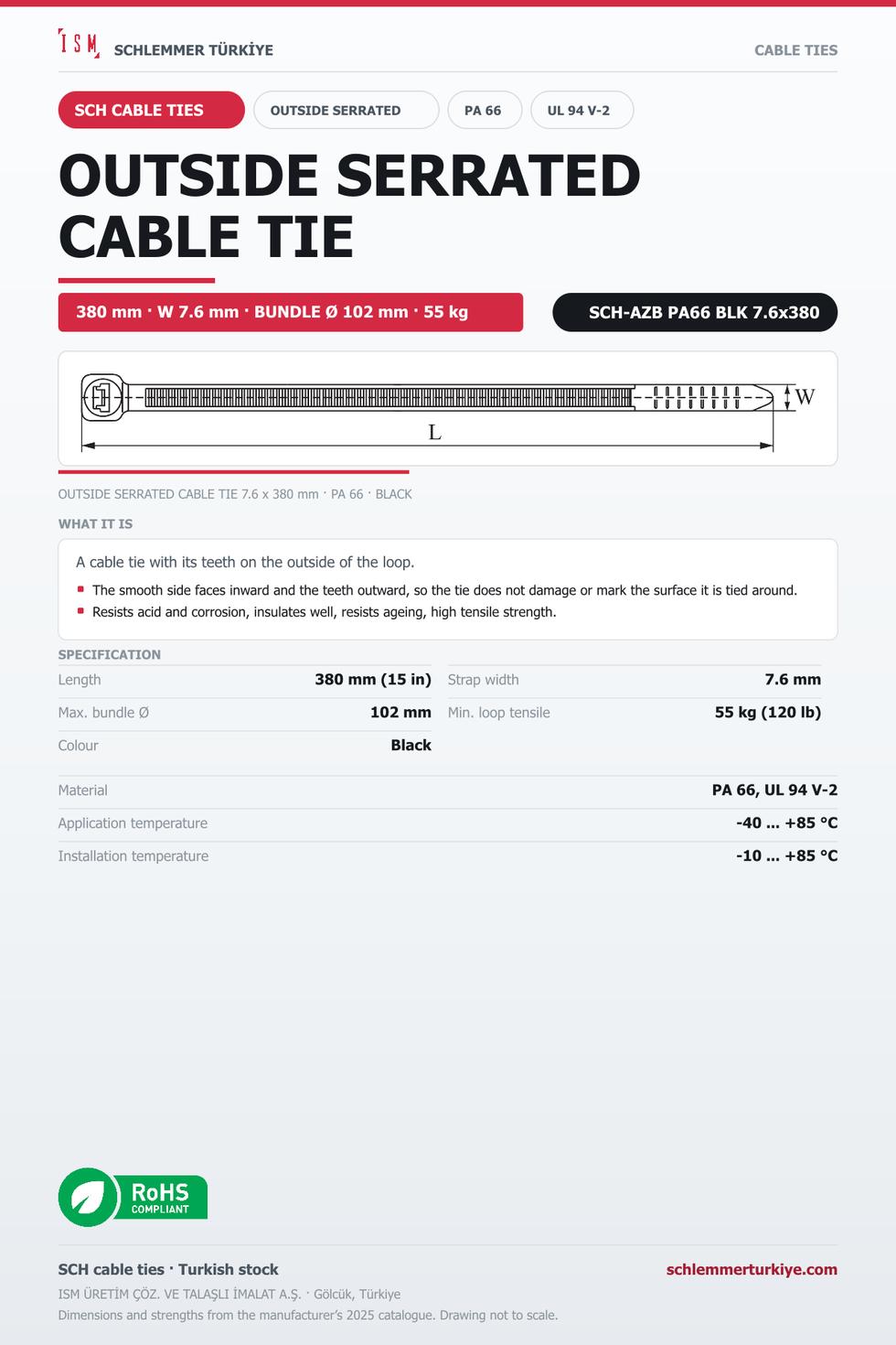 OUTSIDE SERRATED CABLE TIE 7.6x380 BLACK POLYAMIDE 6.6