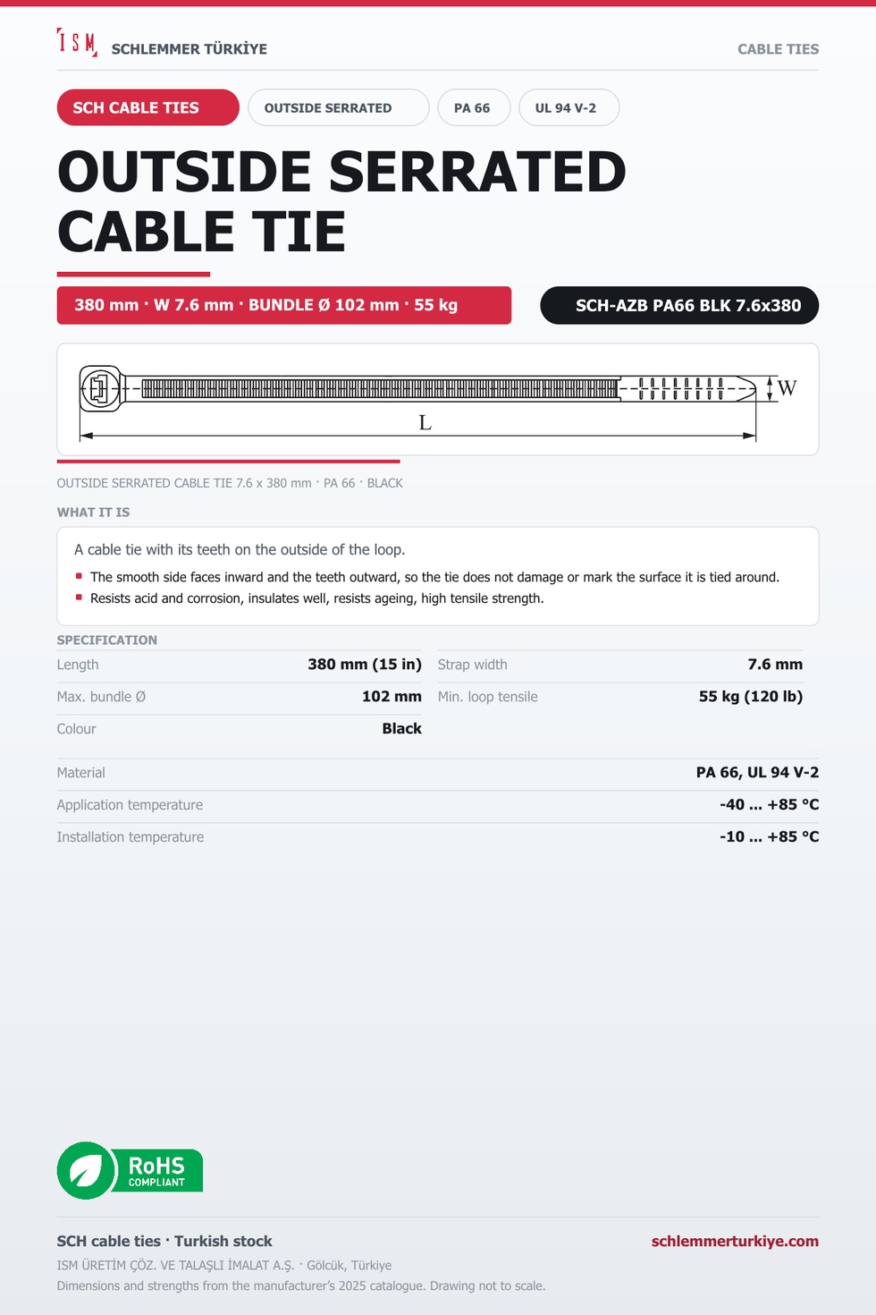 OUTSIDE SERRATED CABLE TIE 7.6x380 BLACK POLYAMIDE 6.6