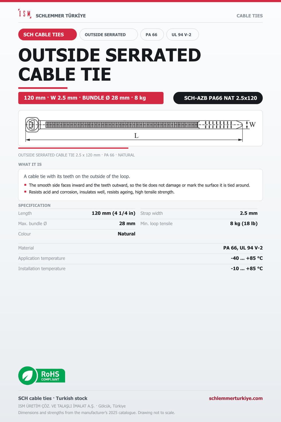 OUTSIDE SERRATED CABLE TIE 2.5x120 NATURAL POLYAMIDE 6.6