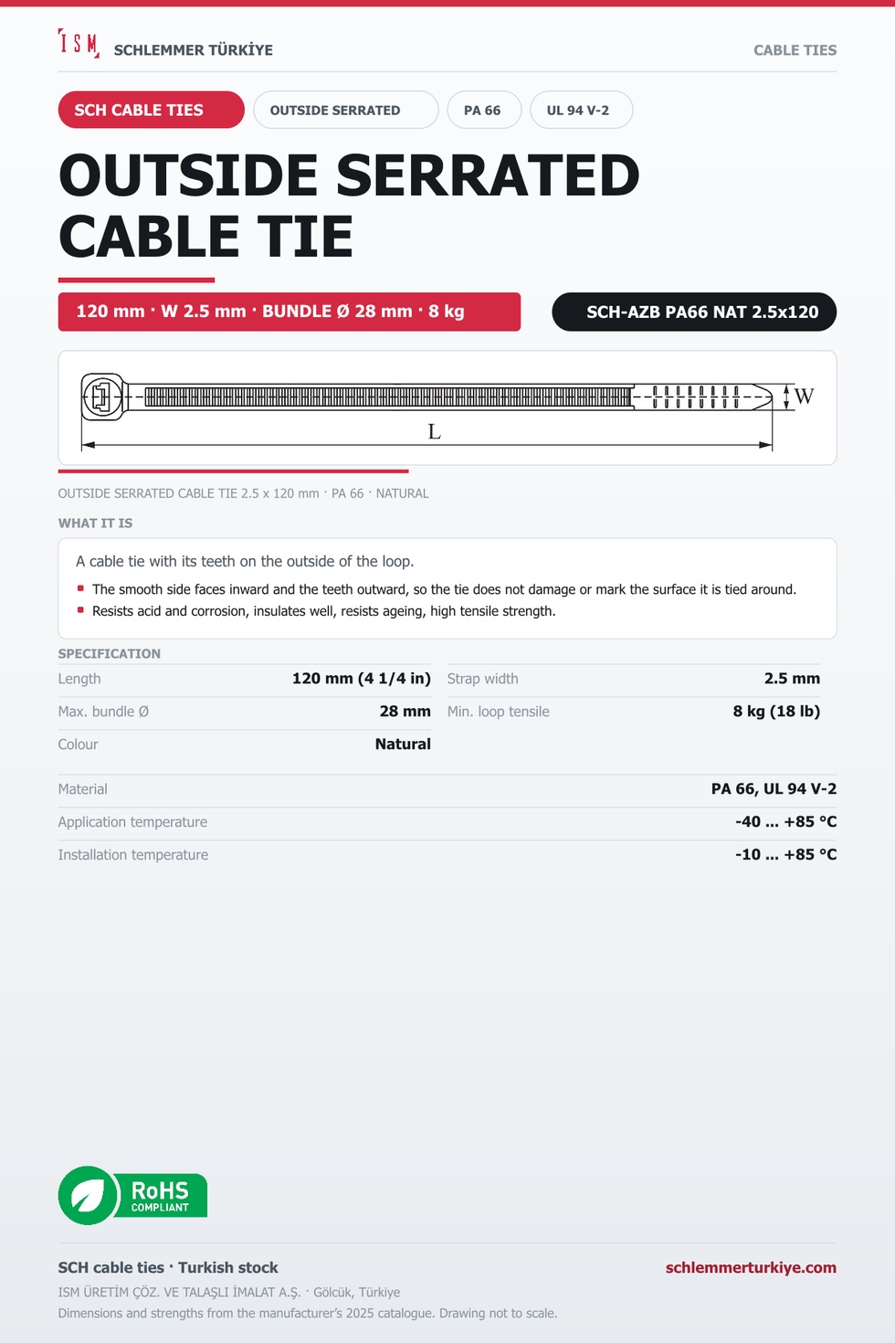 OUTSIDE SERRATED CABLE TIE 2.5x120 NATURAL POLYAMIDE 6.6