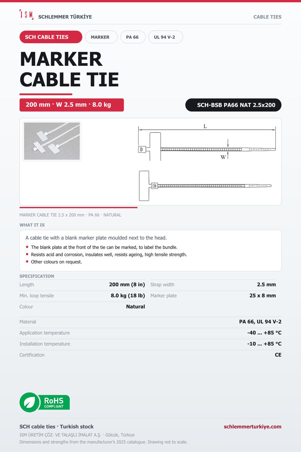 MARKER CABLE TIE 2.5x200 NATURAL POLYAMIDE 6.6
