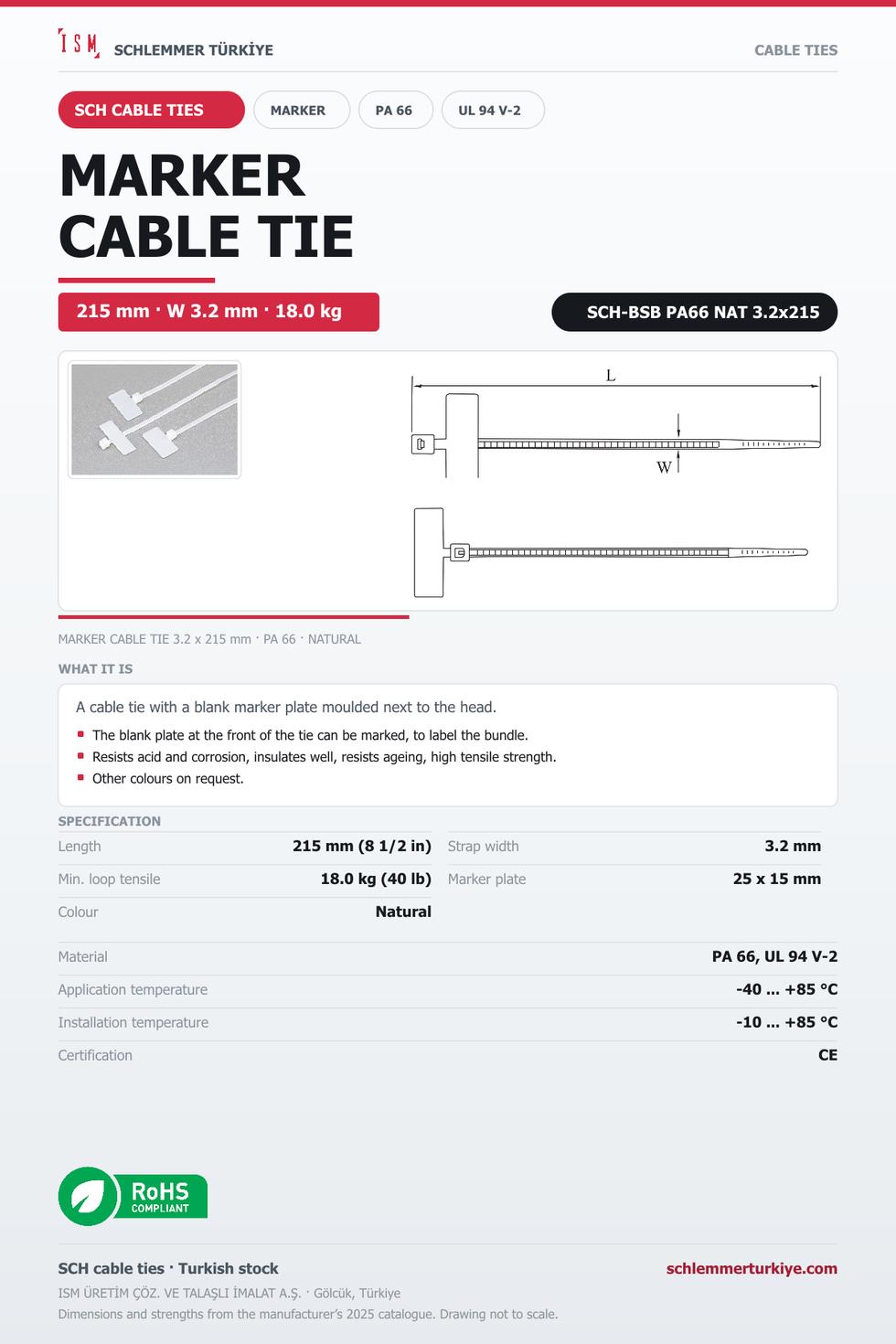 MARKER CABLE TIE 3.2x215 NATURAL POLYAMIDE 6.6