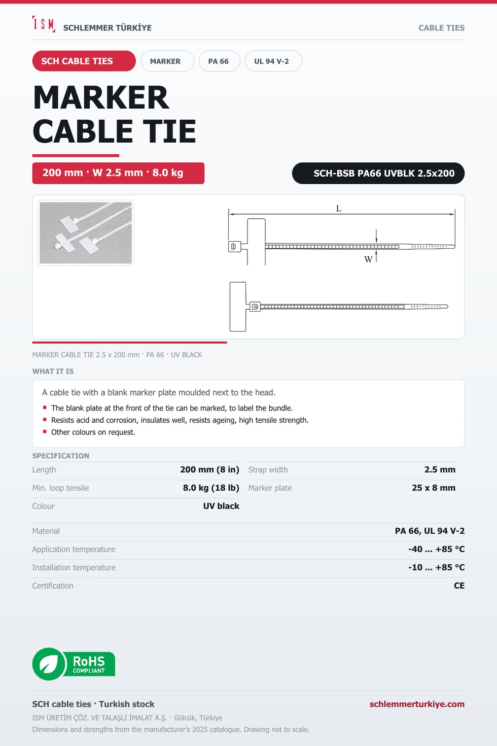 MARKER CABLE TIE 2.5x200 UV BLACK POLYAMIDE 6.6
