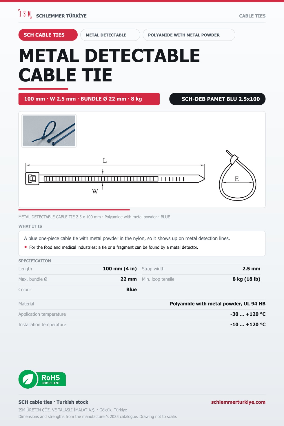 METAL DETECTABLE CABLE TIE 2.5x100 BLUE POLYAMIDE WITH METAL POWDER