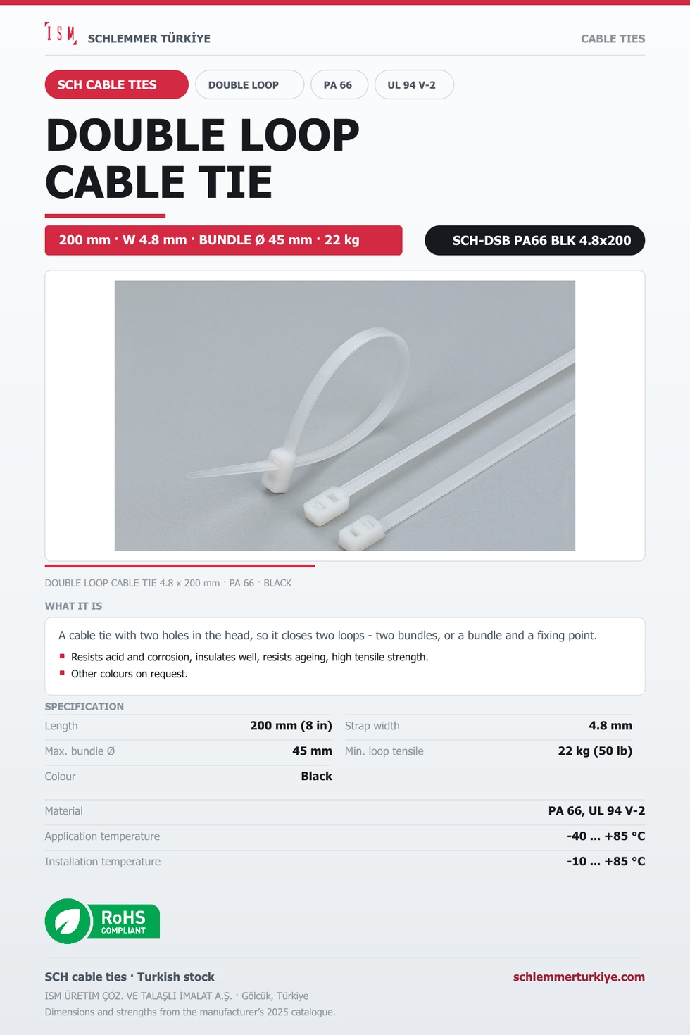 DOUBLE LOOP CABLE TIE 4.8x200 BLACK POLYAMIDE 6.6