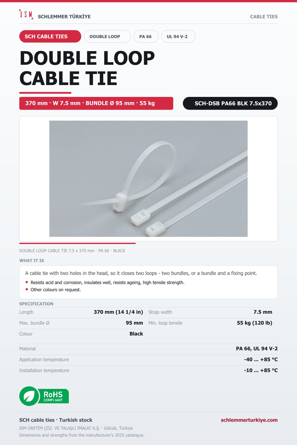 DOUBLE LOOP CABLE TIE 7.5x370 BLACK POLYAMIDE 6.6