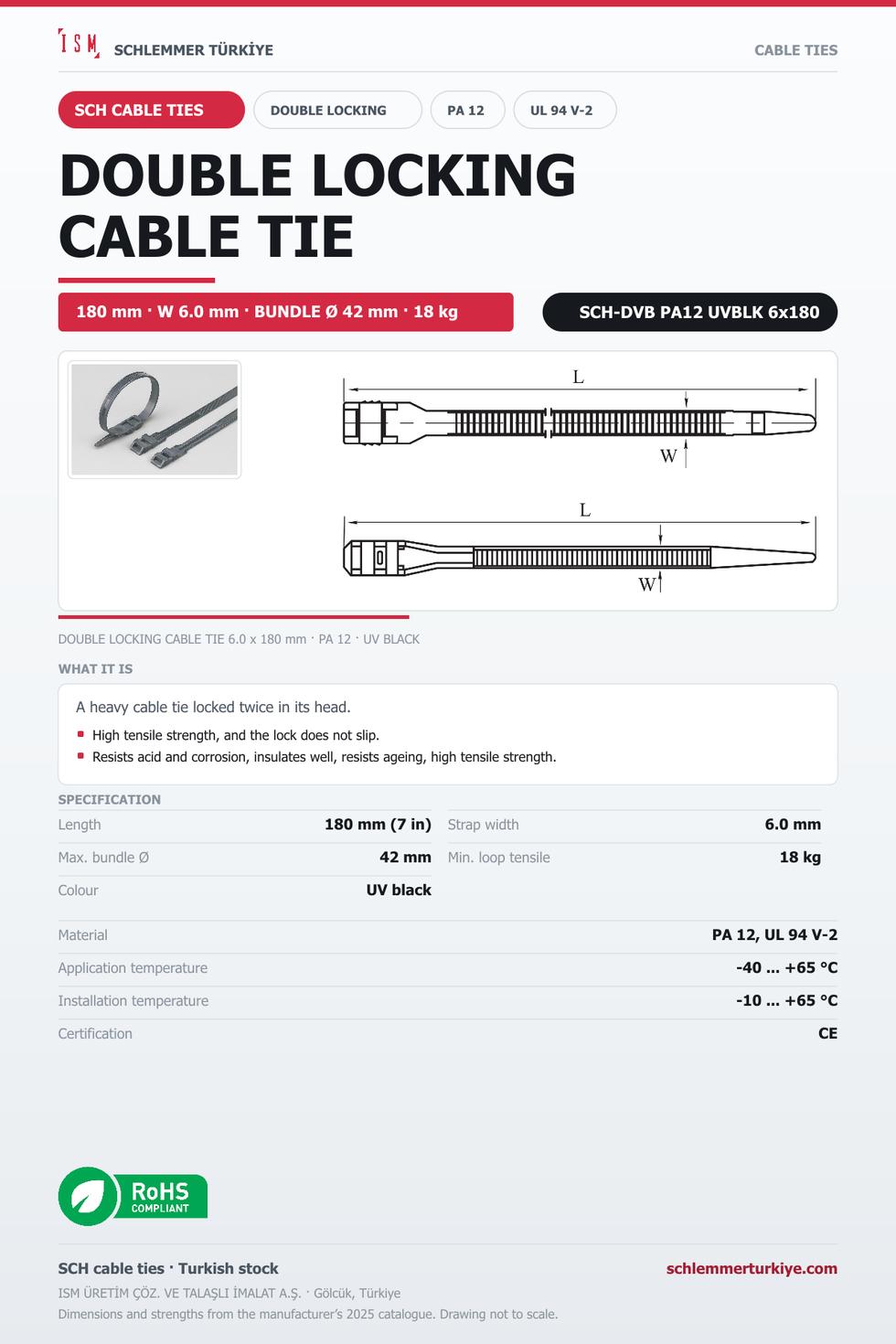 DOUBLE LOCKING CABLE TIE 6x180 UV BLACK POLYAMIDE 12