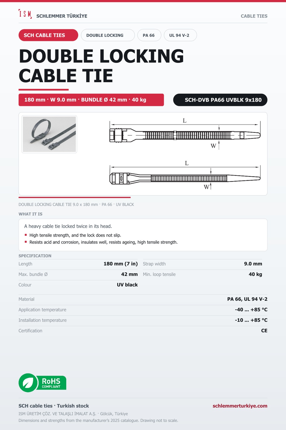 DOUBLE LOCKING CABLE TIE 9x180 UV BLACK POLYAMIDE 6.6