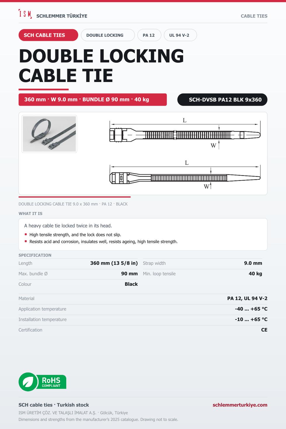 DOUBLE LOCKING CABLE TIE HEAVY 9x360 BLACK POLYAMIDE 12