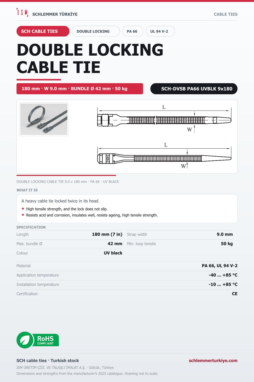 DOUBLE LOCKING CABLE TIE HEAVY 9x180 UV BLACK POLYAMIDE 6.6