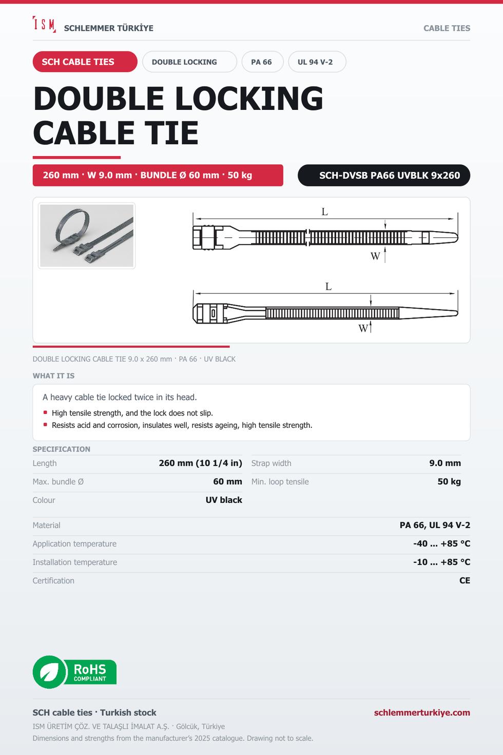 DOUBLE LOCKING CABLE TIE HEAVY 9x260 UV BLACK POLYAMIDE 6.6