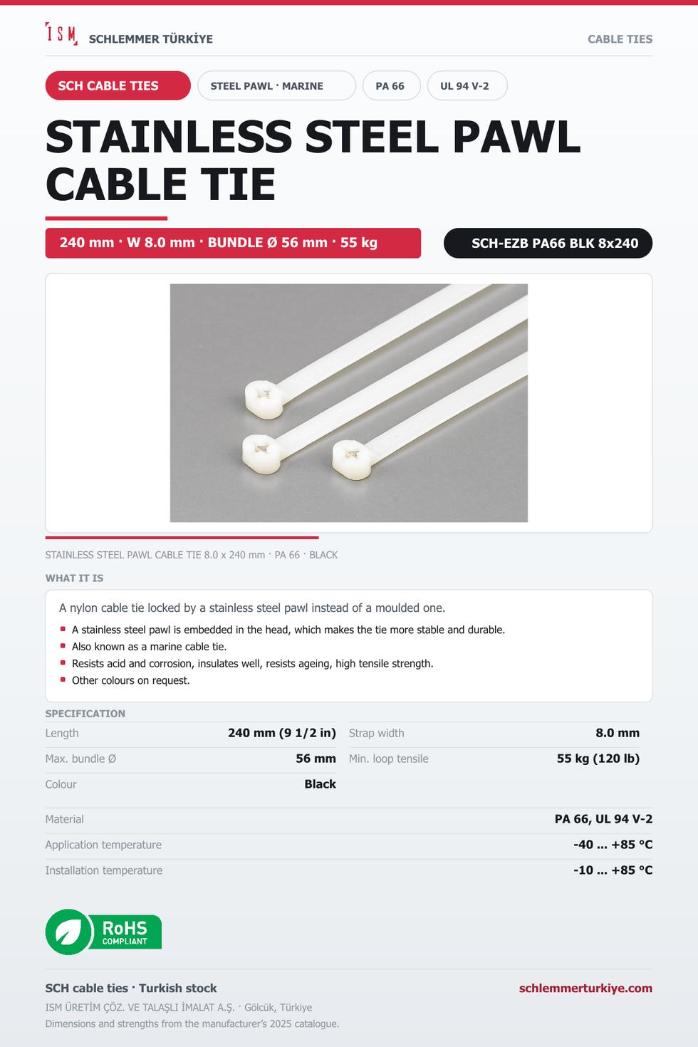 STAINLESS STEEL PAWL CABLE TIE 8x240 BLACK POLYAMIDE 6.6