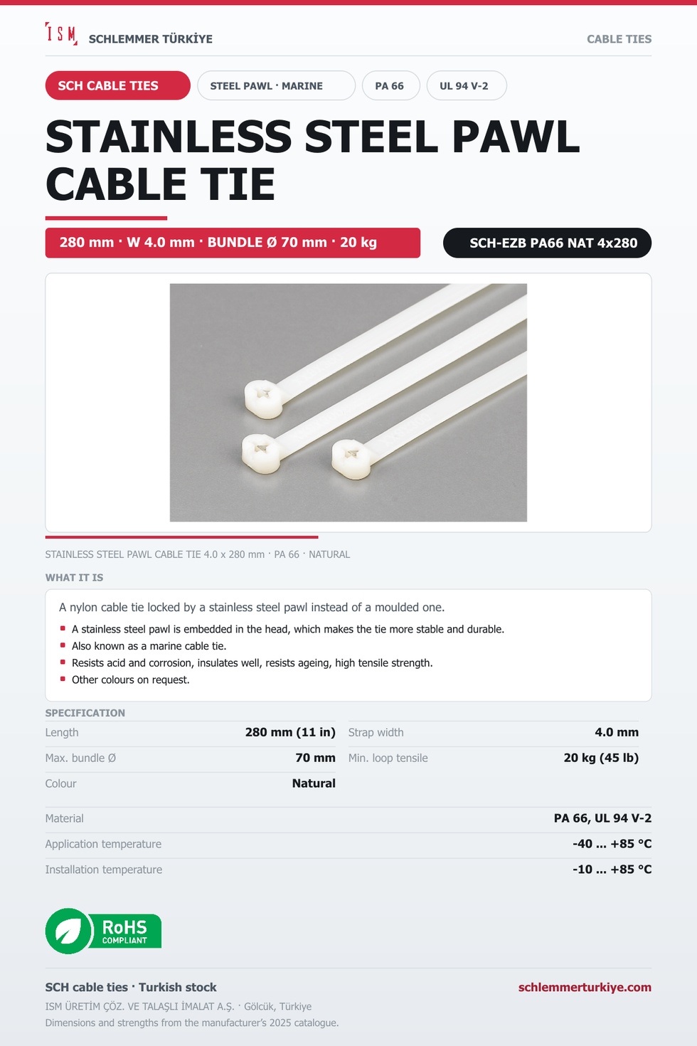STAINLESS STEEL PAWL CABLE TIE 4x280 NATURAL POLYAMIDE 6.6